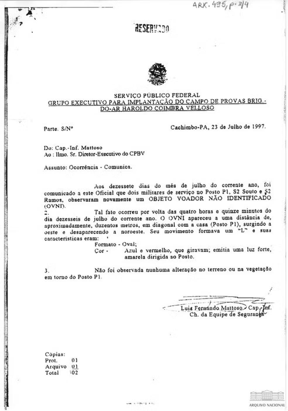 Documento elaborado pelo Grupo Executivo para Implantação do Campo de Provas Brigadeiro-do-Ar Haroldo Coimbra Velloso – GEICAMP sobre a aparição de objetos voadores não identificados em Cachimbo (PA), 23 de julho de 1997. — Foto: Arquivo Nacional